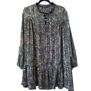 Zara Baby Doll Mini Boho Dress metallic accents festival L paisley Wimsigoth